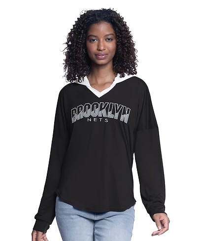 G-iii 4Her by Carl Banks Women's Black Brooklyn Nets Bench Player Oversized Long Sleeve Hooded Top