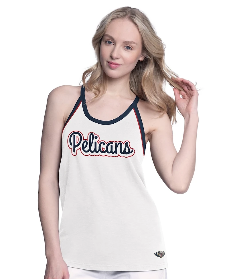 G-iii 4Her by Carl Banks Women's White New Orleans Pelicans Curveball Racerback Scoop Neck Slub Tank Top