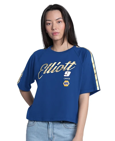 G-iii 4Her by Carl Banks Women's Royal Chase Elliott Cropped Classic Play Gold Trim Raglan T-Shirt