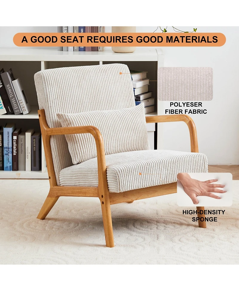 Rainsken Mid-Century Modern Accent Chair, Upholstered Lounge Armchair with Lumbar Pillow and Solid Wood Frame for Living Room, Balcony