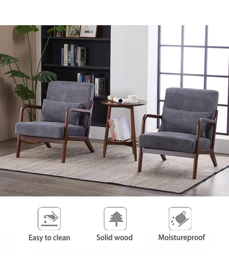 Rainsken Mid-Century Modern Accent Chair, Upholstered Lounge Armchair with Lumbar Pillow and Solid Wood Frame for Living Room, Balcony