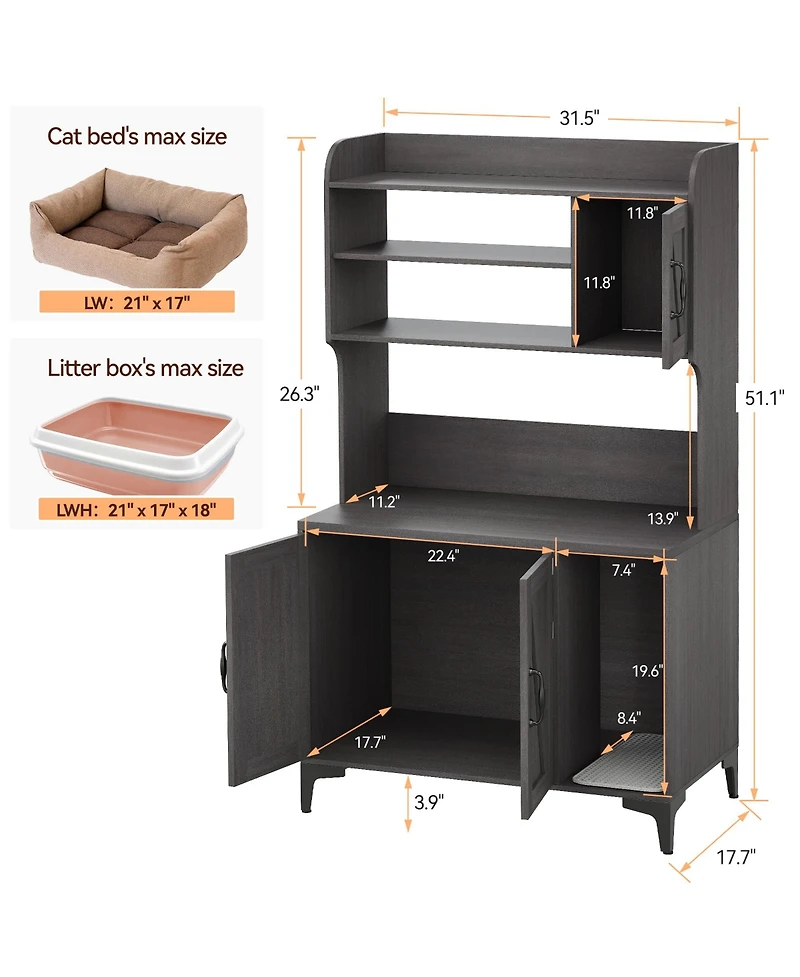 homfan 3-Door Cat Litter Box Enclosure Furniture, Hidden Litter Box Cabinet with Litter Mat, Engineered Wood Cat Washroom, Indoor Pet House End Table