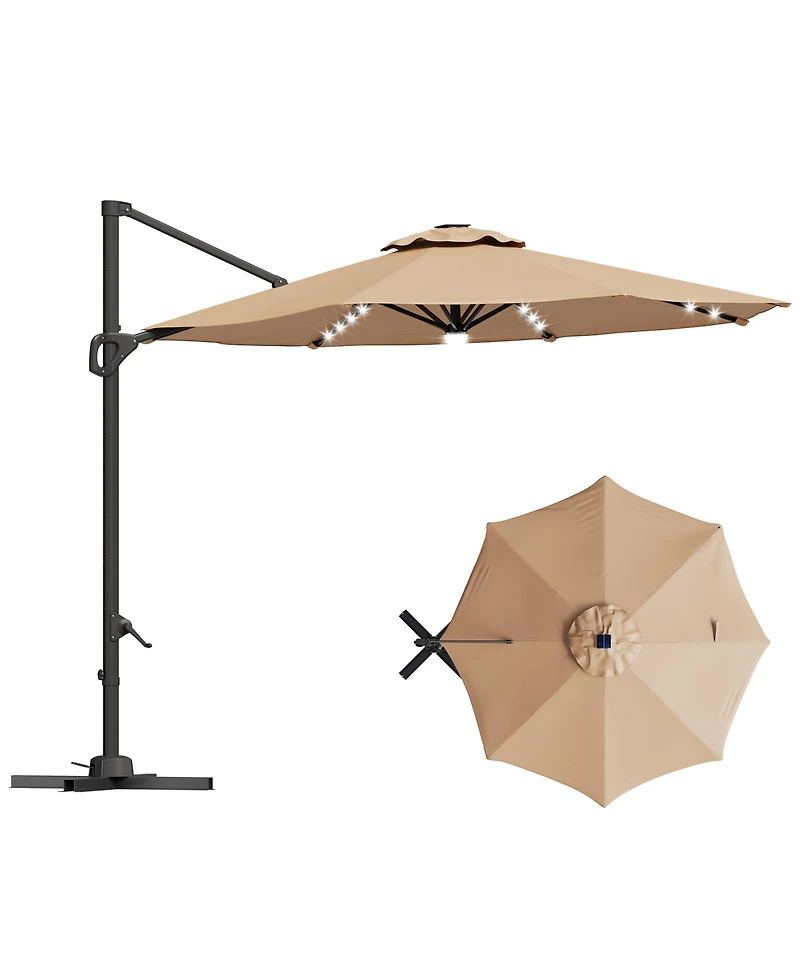 gaomon Solar Led Cantilever Patio Umbrella, 360degree(s) Rotation, Uv Protection for Backyard, Deck, Pool, with Base