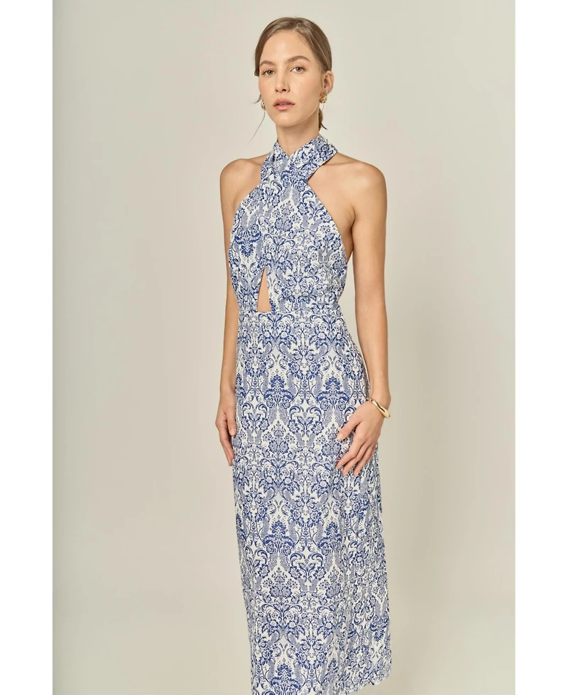 English Factory Women's Printed Halter Cutout Maxi Dress