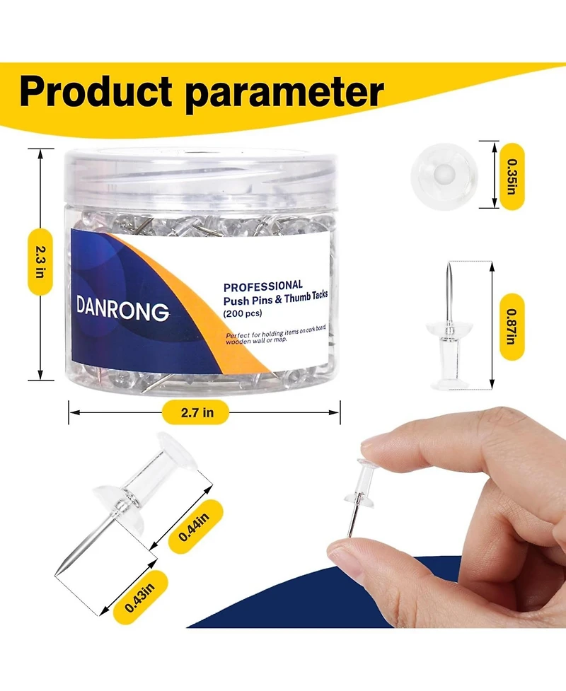 Danrong 800 Pcs Clear Push Pins, Standard Thumb Tacks with Steel Point and Plastic Head for Bulletin Cork Board, Office School