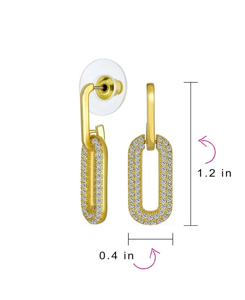 Bling Jewelry Geometric Vertical U Oval Micro Pave Cz Dangling Link Paperclip Earrings Gold Plated