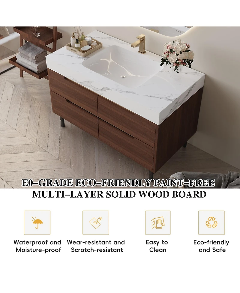 Phying 35.4 Inch Farmhouse Free Standing Sintered Stone Bathroom Vanity with Waterproof Multi layer Solid Wood 4 Drawers Storage Wall Mounted Cabinet