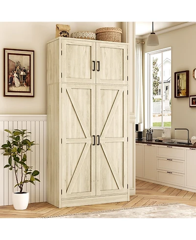 Aheaplus 71" Tall Wooden Pantry Cabinet with Shelves, Kitchen Storage 4 Barn Doors