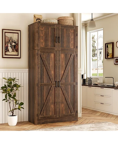 Aheaplus 71" Tall Wooden Pantry Cabinet with Shelves, Kitchen Storage 4 Barn Doors