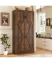 Aheaplus 71" Tall Wooden Pantry Cabinet with Shelves, Kitchen Storage 4 Barn Doors