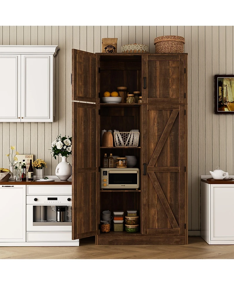 Aheaplus 71" Tall Wooden Pantry Cabinet with Shelves, Kitchen Storage 4 Barn Doors