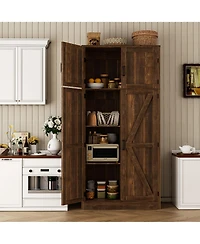 Aheaplus 71" Tall Wooden Pantry Cabinet with Shelves, Kitchen Storage 4 Barn Doors