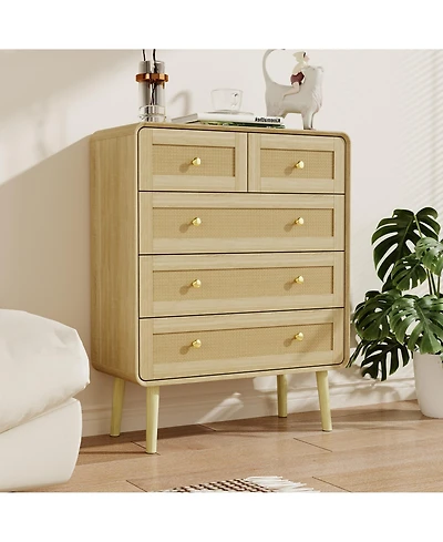Homsee 5-Drawer Chest of Drawers Rattan Door Cabinet with Golden Handles | Modern Wood Grain Storage Organizer for Living Room, Bedroom
