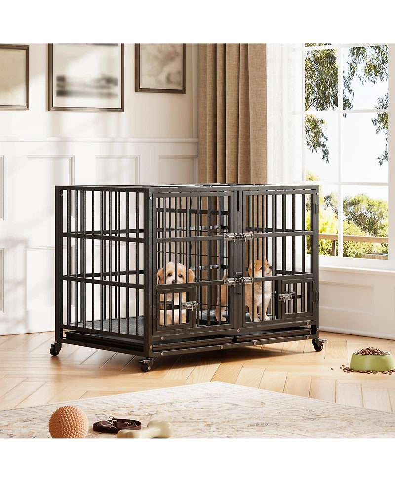 gaomon 42 inch Heavy Duty Dog Crate, Large Metal Dog Crate with 2 Feeding Door and Blows, Pet Cage House with Removable Tray and Wheels for s/m/l Dogs