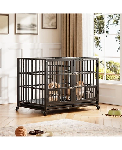 gaomon 42 inch Heavy Duty Dog Crate, Large Metal Dog Crate with 2 Feeding Door and Blows, Pet Cage House with Removable Tray and Wheels for s/m/l Dogs