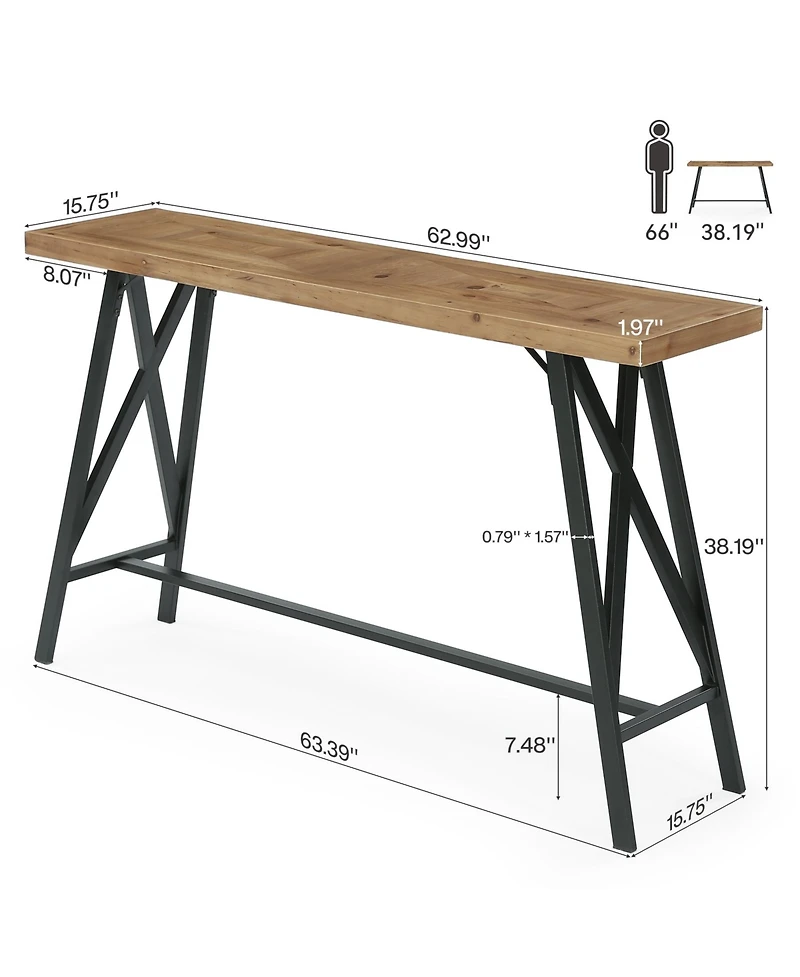 Tribesigns Solid Wood Bar Table with Metal Footrest, 63 Inch Long Counter Height Pub Table Industrial Tall Bistro Tables