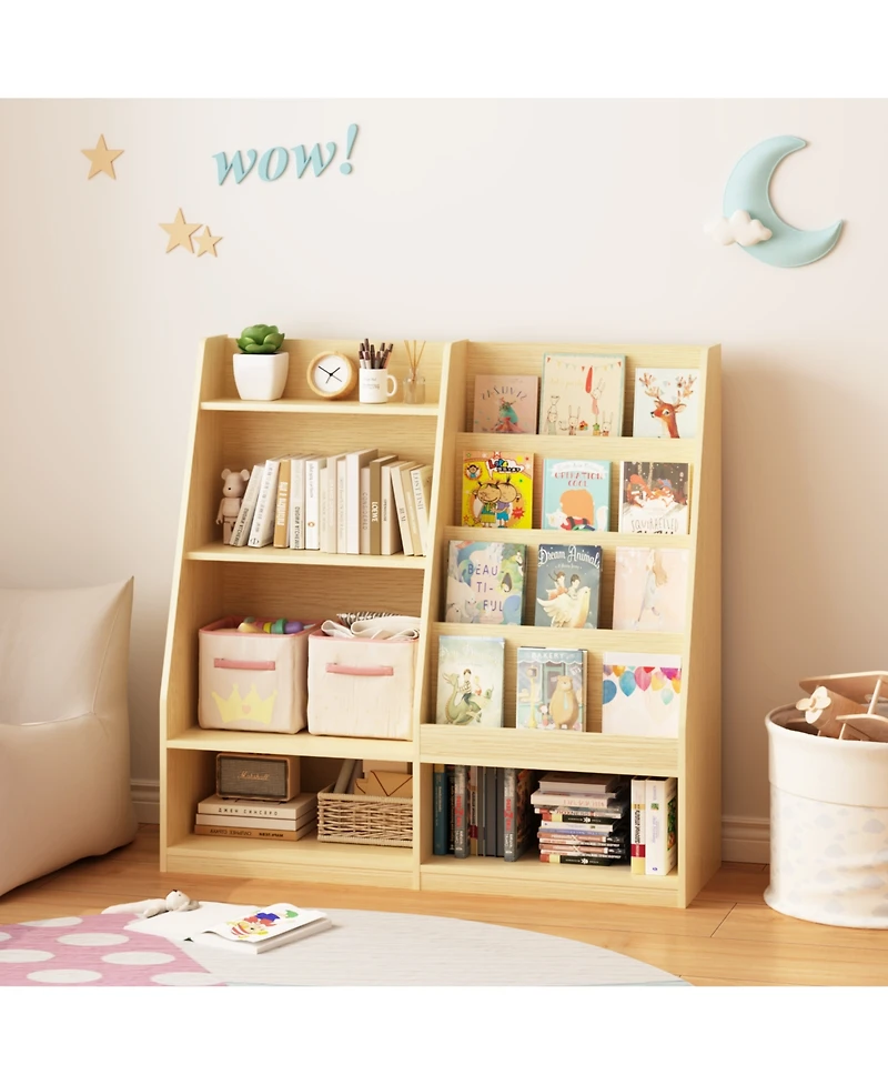 Rainsken Kids Bookshelf and Toy Storage Organizer, 4 Tier Wooden Kids Bookcase with Display Stand for Kids Room, Playroom and Nursery