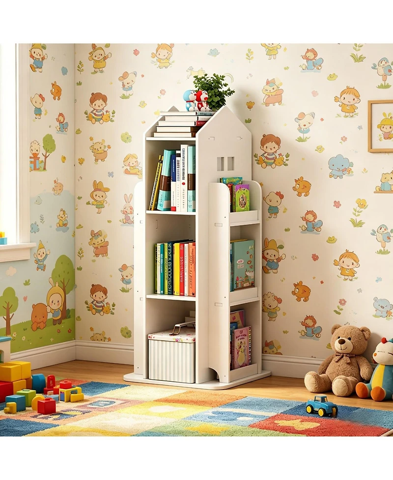Rainsken 4-Tier Rotating Bookshelf Tower, 360 Degree Display Floor Standing Bookcase Storage Rack, for Bedroom, Living Room, Study Room