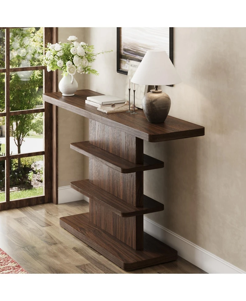 Rainsken Farmhouse Narrow Console Table, with 2 Tier Open Storage Shelves, Easy to Move and Adjust, High Weight Capacity, for Living Room,Hallway