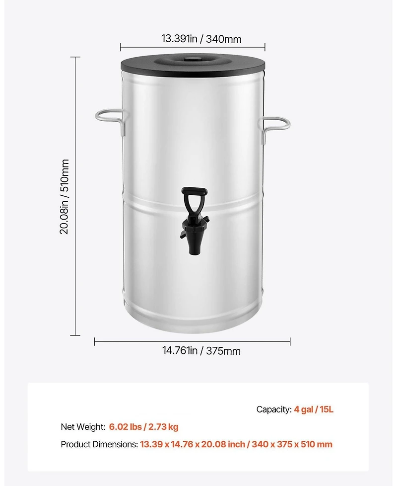 Cozito Iced Tea Dispenser, 4 Gal 15L 304 Stainless Steel Beverage Server