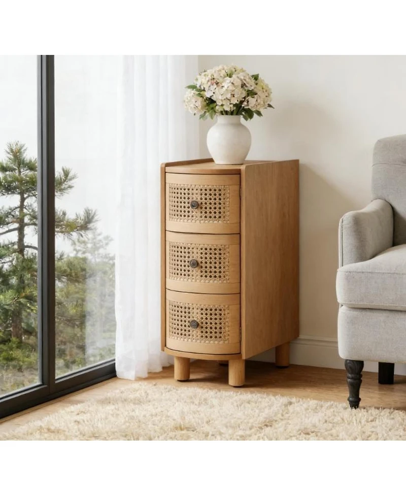 Rainsken 3 Drawer Rattan Nightstand with Embossed Handles, Solid Wood End Table