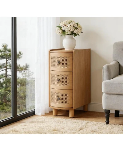 Rainsken 3 Drawer Rattan Nightstand with Embossed Handles, Solid Wood End Table
