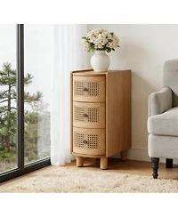Rainsken 3 Drawer Rattan Nightstand with Embossed Handles, Solid Wood End Table