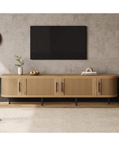 Rainsken 70 inch Modern Tv Stand, Rattan Doors, with Storage Space and Cable Holes, for TVs up to 80 inch, Media Console, for Living Room