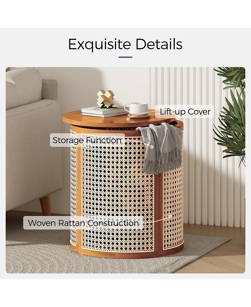 Rainsken Round Solid Wood Nightstand, Hollow Woven Bedside Table, Compact Accent End Table for Living Room, Bedroom