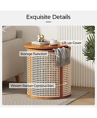 Rainsken Round Solid Wood Nightstand, Hollow Woven Bedside Table, Compact Accent End Table for Living Room, Bedroom