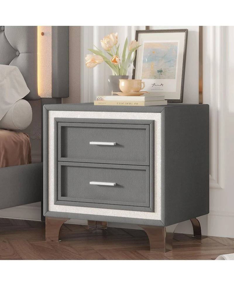 Rainsken 2 Drawers Nightstand with Silver Glitter Strip Decor and Metal Legs, Velvet Bedside Table End Table for Bedroom, Living Room