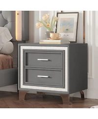 Rainsken 2 Drawers Nightstand with Silver Glitter Strip Decor and Metal Legs, Velvet Bedside Table End Table for Bedroom, Living Room
