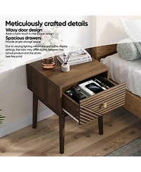 Rainsken Modern Fluted Nightstand Piece Set 2, with Metal Handles, 4 Solid Wood Legs, Easy Assembly for Bedroom or Living Room