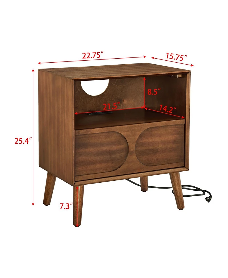 Rainsken Modern Fluted Nightstand, with Charging Station Usb Ports and Outlet Hole, 4 Solid Wood Legs, for Bedroom Living Room