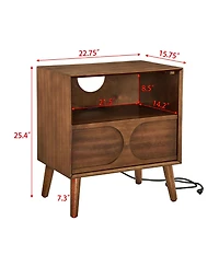 Rainsken Modern Fluted Nightstand, with Charging Station Usb Ports and Outlet Hole, 4 Solid Wood Legs, for Bedroom Living Room