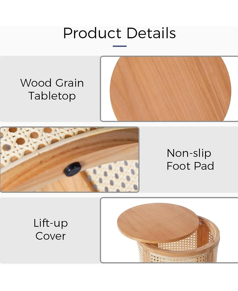 Rainsken Round Solid Wood Nightstand, Hollow Woven Bedside Table, Compact Accent End Table