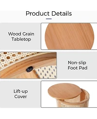 Rainsken Round Solid Wood Nightstand, Hollow Woven Bedside Table, Compact Accent End Table