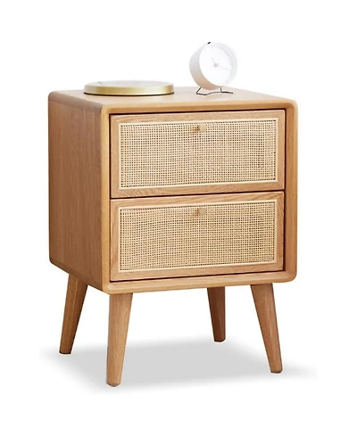 Rainsken Rattan Nightstand, Solid Oak Wood Bedside Table with 2 Drawers Drawers, Small End Table for Small Spaces, Bedroom, Living Room