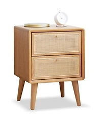Rainsken Rattan Nightstand, Solid Oak Wood Bedside Table with 2 Drawers Drawers, Small End Table for Small Spaces, Bedroom, Living Room