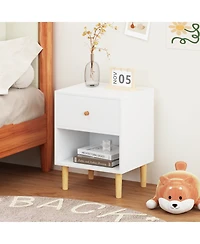 Rainsken Nightstand, Minimalist Wooden Bedside Table with Drawer and Open Shelf for Kids Room, Nursery