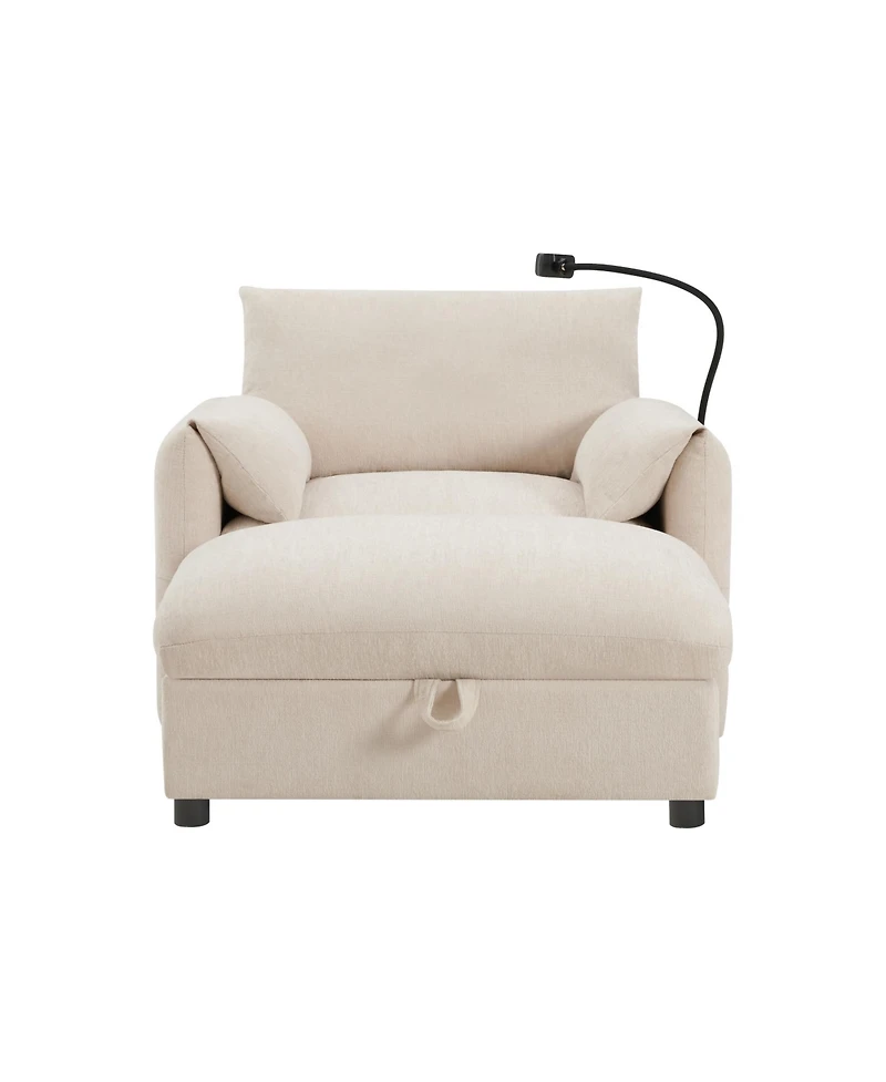 Rainsken 37" Single Sofa with Storage Ottoman, Chenille Armchair - Adjustable Phone Holder, Dual-Port Charger and Side Pockets for Living Room