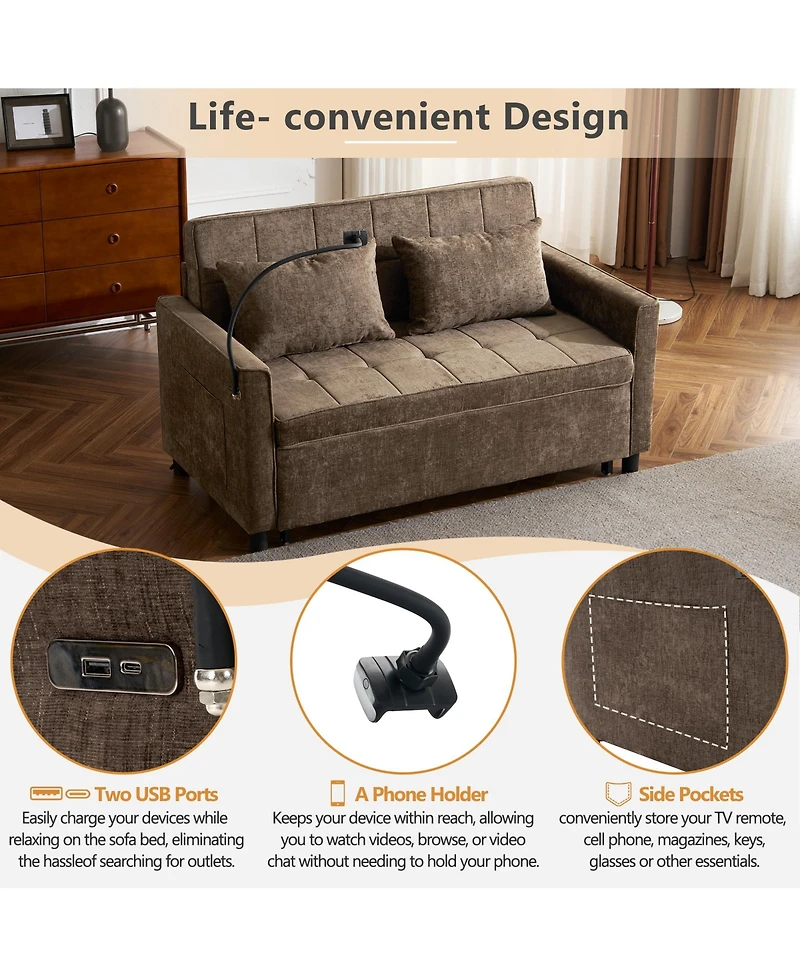 Rainsken 56.9" Loveseat Sofa Couch, Pull-Out Sleeper Sofa Bed with a Reversible Backrest Cushion, 2 Usb Ports and a Phone Holder for Living Room