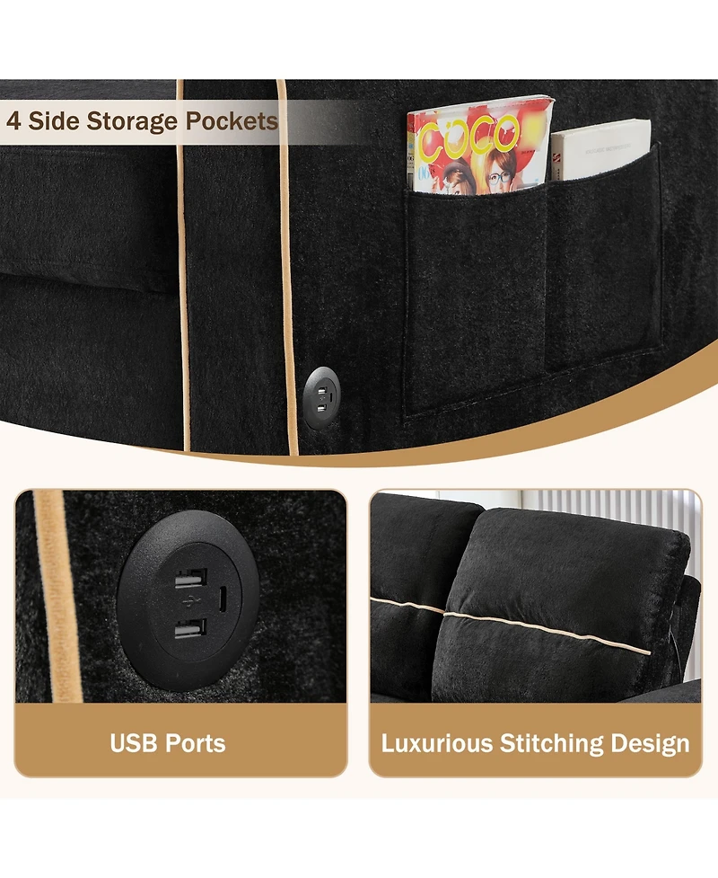 Rainsken Convertible Sofa Bed, Chenille Pull Out Sleeper Couch with Adjustable Backrest, 4 Side Pockets and Charging Ports for Living Room