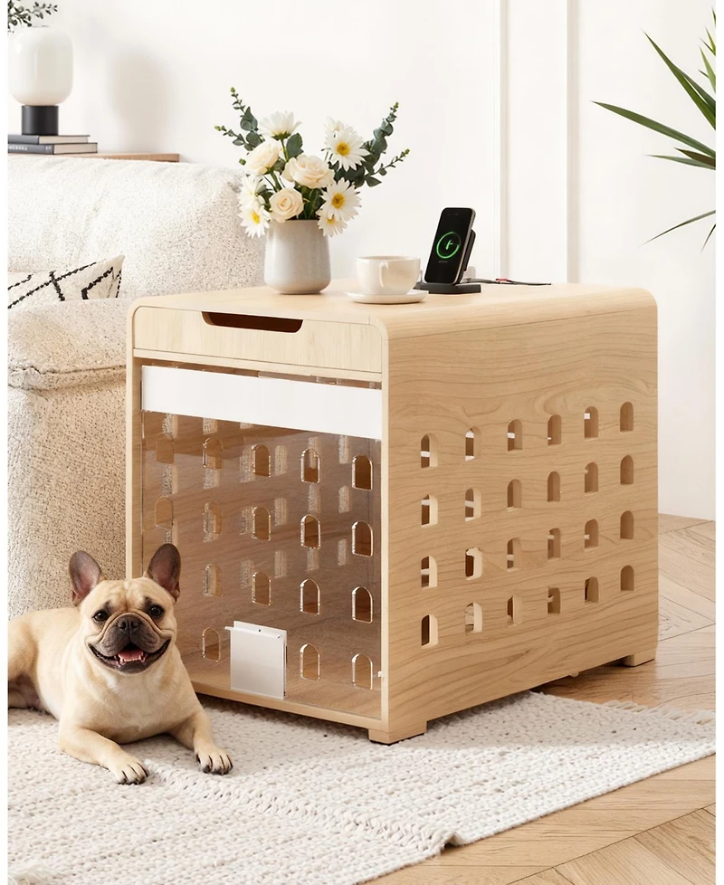 Sugift 26-Inch Width Modern Oak Dog Crate Furniture with Charging Station, Large Kennel Indoor Wood Pet End Side Table Cage