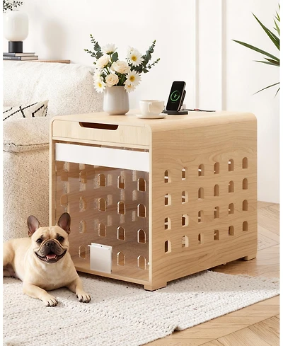 Sugift 26-Inch Width Modern Oak Dog Crate Furniture with Charging Station, Large Kennel Indoor Wood Pet End Side Table Cage