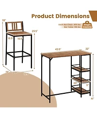 Gouun 3-Piece Outdoor Acacia Wood Patio Bar Set with 3-Tier Storage Shelf and Metal Frame