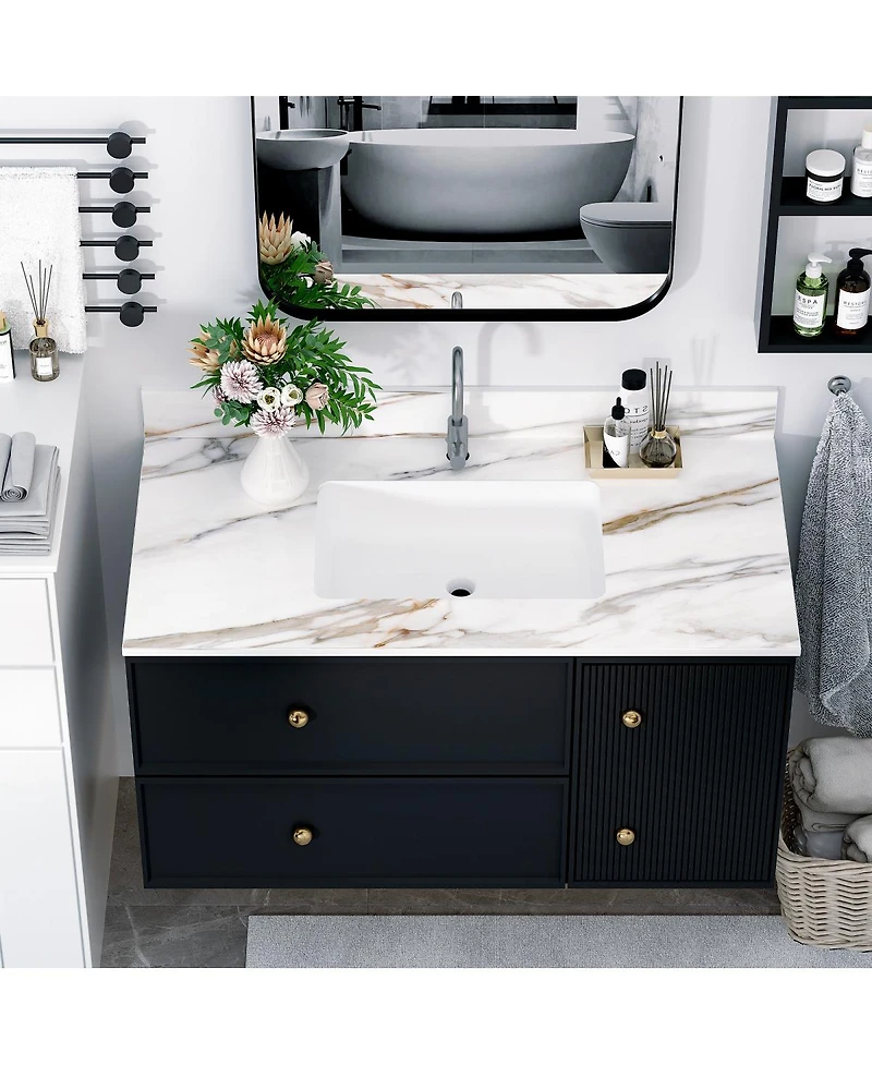 Sillysis Sintered Stone Bathroom Vanity Top with Ceramic Sink, Carrara Marble Look, 4" Backsplash, Water Stain and Scratch Resistant