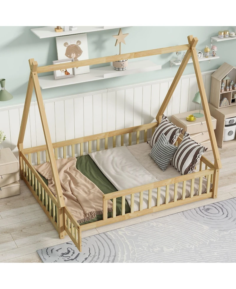 Clihome Full Rubber Wood Tent-shaped Floor Bed,with Guardrails,Slats and Door