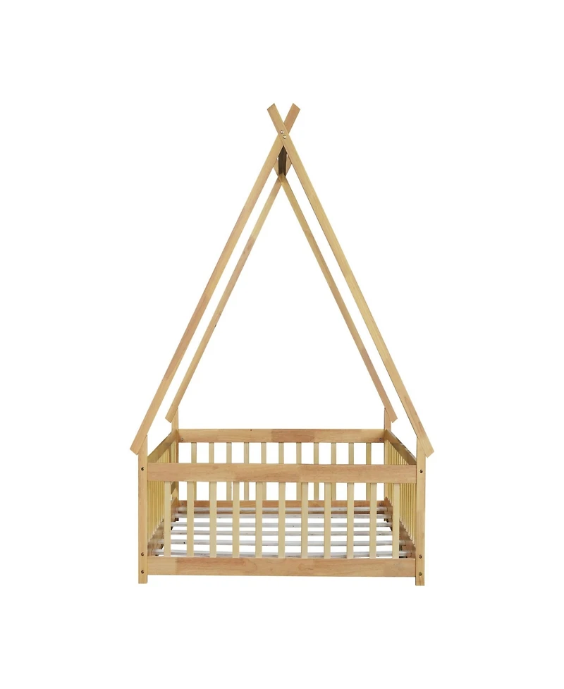 Clihome Full Rubber Wood Tent-shaped Floor Bed,with Guardrails,Slats and Door