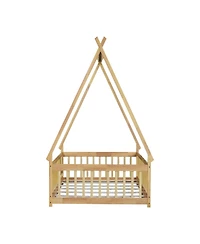Clihome Full Rubber Wood Tent-shaped Floor Bed,with Guardrails,Slats and Door